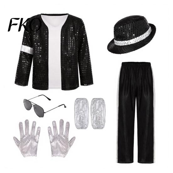 Kids Party Costume Set 80s 90s Performance Costume, Black Sequin Jacket, Top, Trousers, Hat, Metallic Striped Trousers Child Glasses, Gloves, 7 Piece