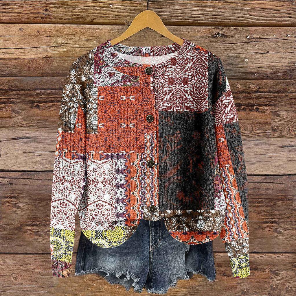 Women's Vintage Knit Button Vintage Print Cardigan Jacket