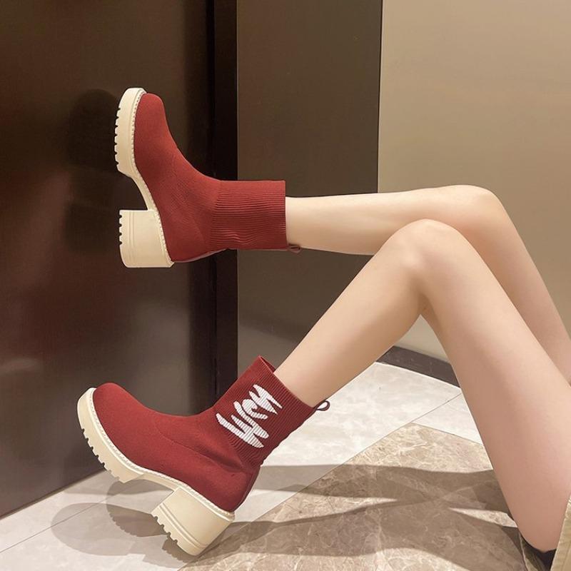 Large size thick-heeled socks shoes autumn new casual mid-top shoes thick-soled versatile short tube elastic thin boots
