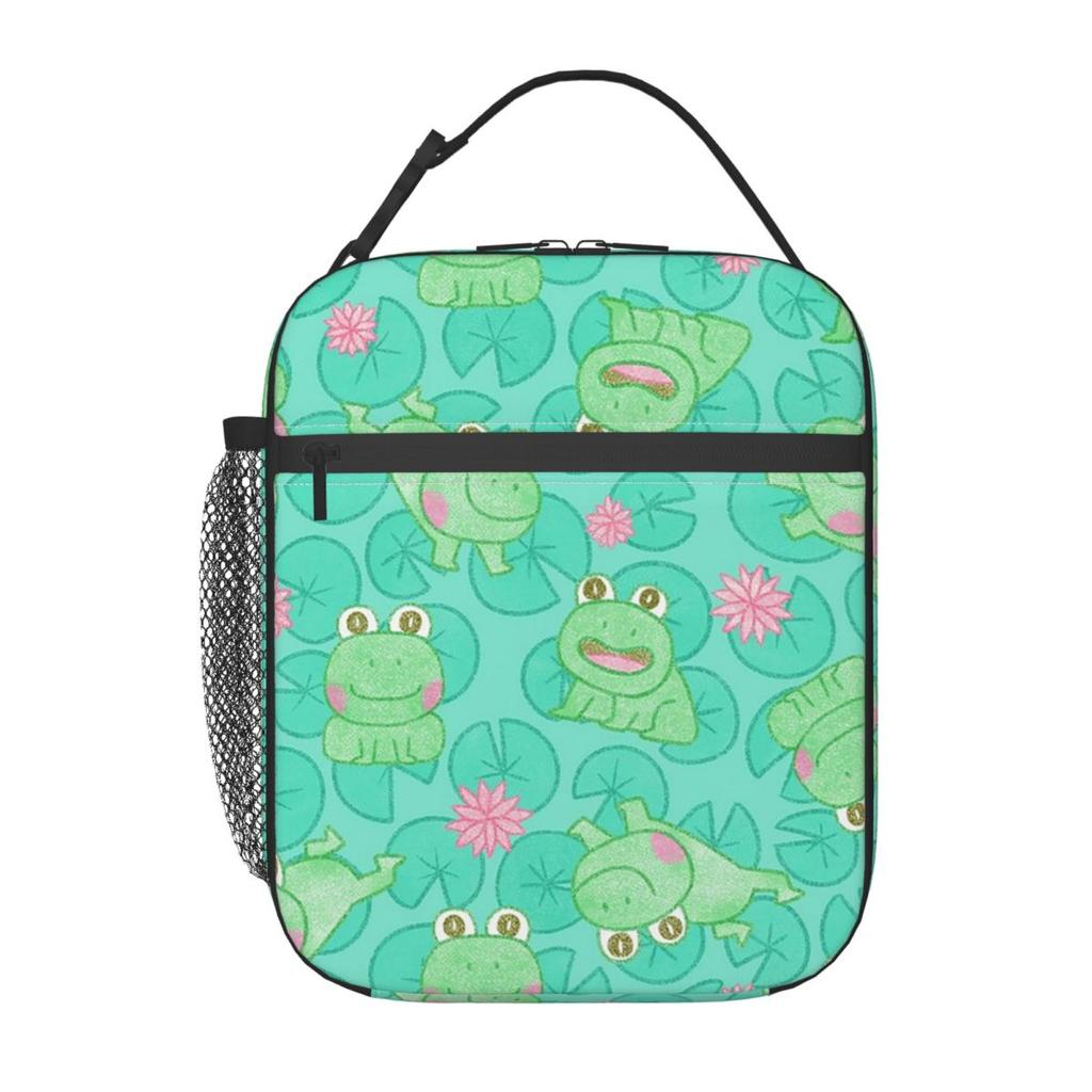 Cartoon Cute Frog Pattern On Lotus Leaves Insulated Lunch Bag for Women Kids Portable Food Boxes Thermal Lunch Box Tote