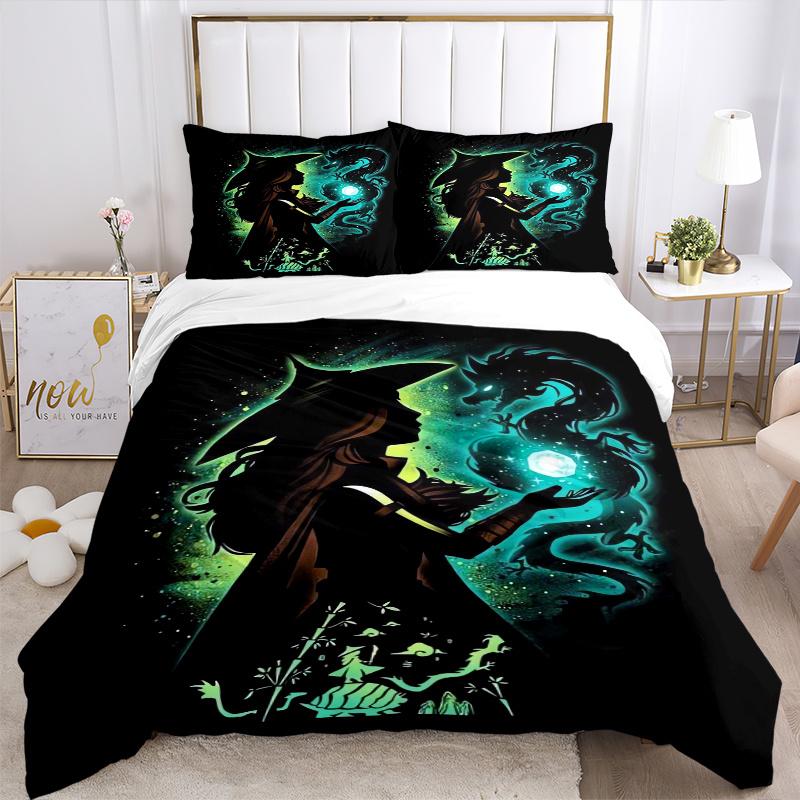 3pcs Witch & Dragon Fantasy Art Printed Quilt Set - Includes 1 Quilt Cover and 2 Pillowcases, Machine Washable - Suitable for All Seasons.S101