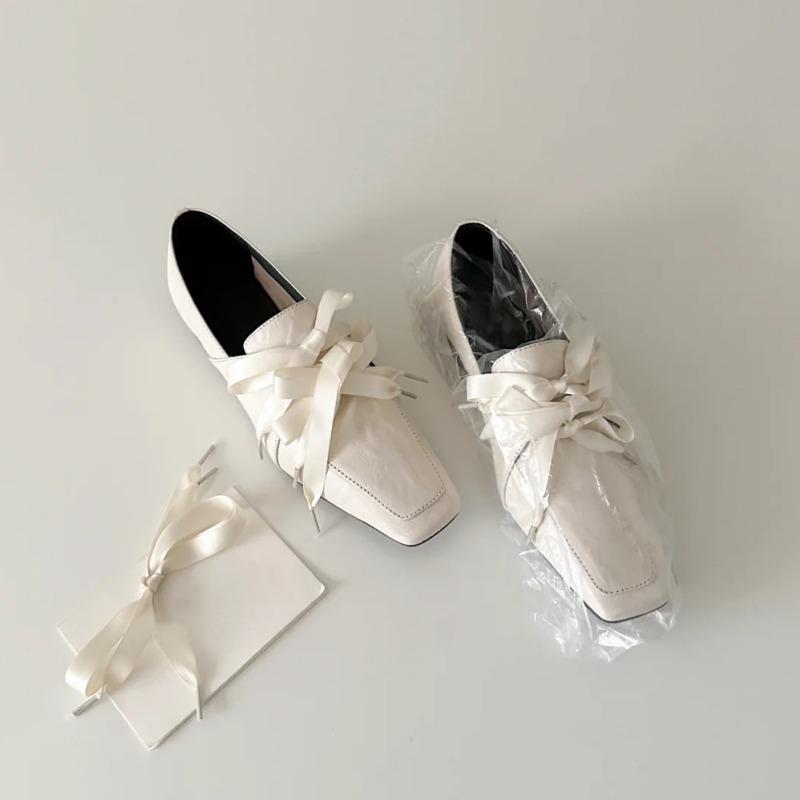 Cowhide version~ square head lace-up white women's pedal bow ballet style single shoes low heel small leather shoes