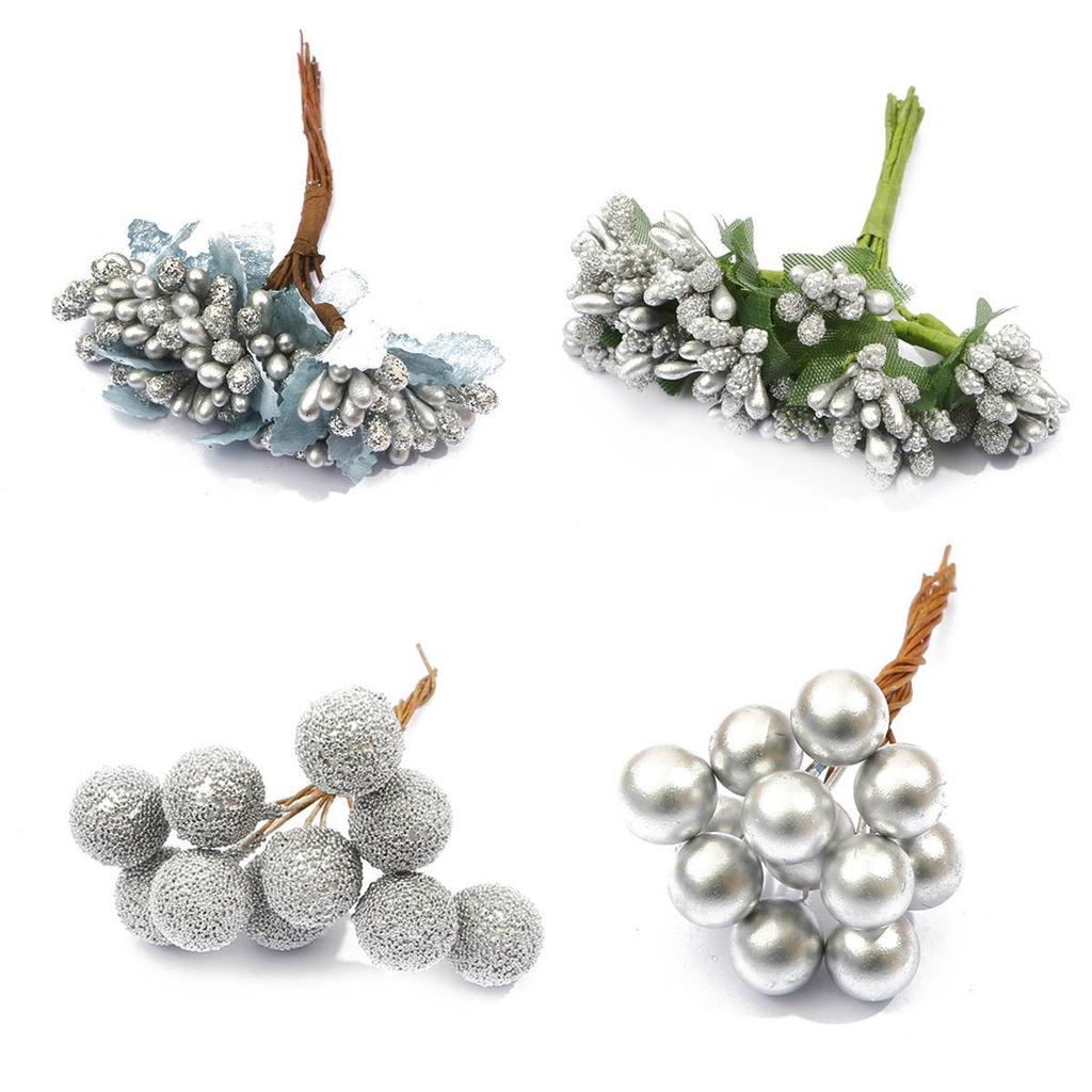 90-Piece Silver Chiffon Flower Stamens & Tinsel Berries DIY Craft Set