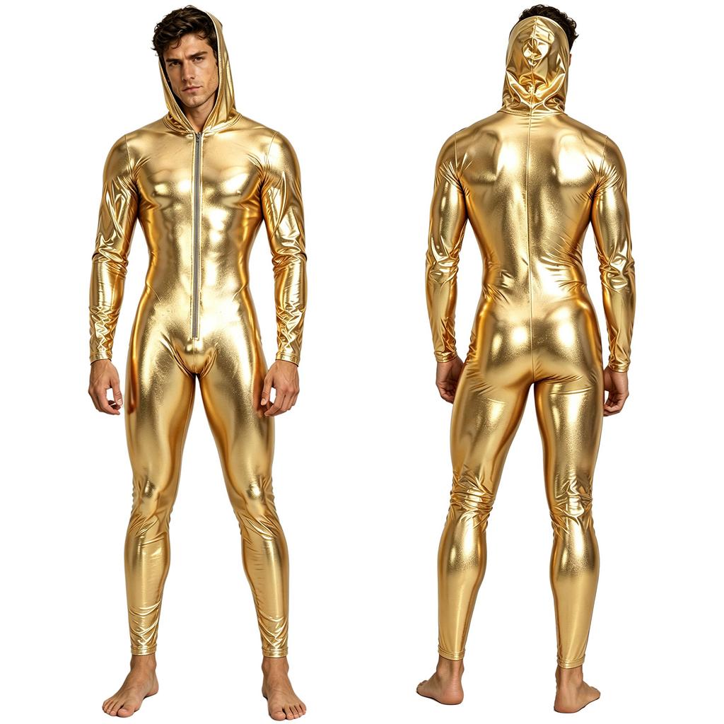 Men Metallic Shiny Hooded Jumpsuit Long Sleeve Front Zip-up Leggings Tights Catsuit Bodysuit for Rave Party Clubwear Night Out