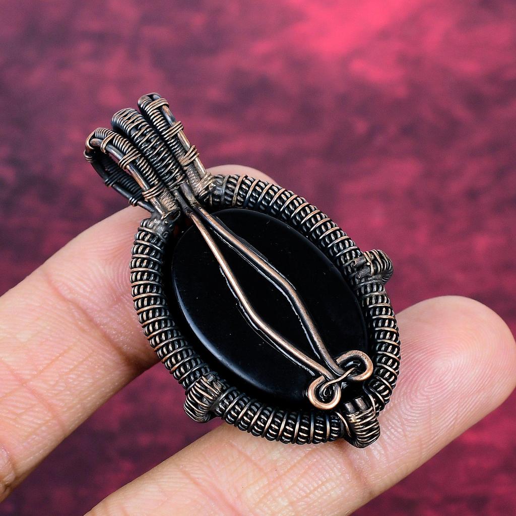 Black Onyx Pendant Genuine Gemstone Jewelry Copper Wire Wrapped Handmade Pendant