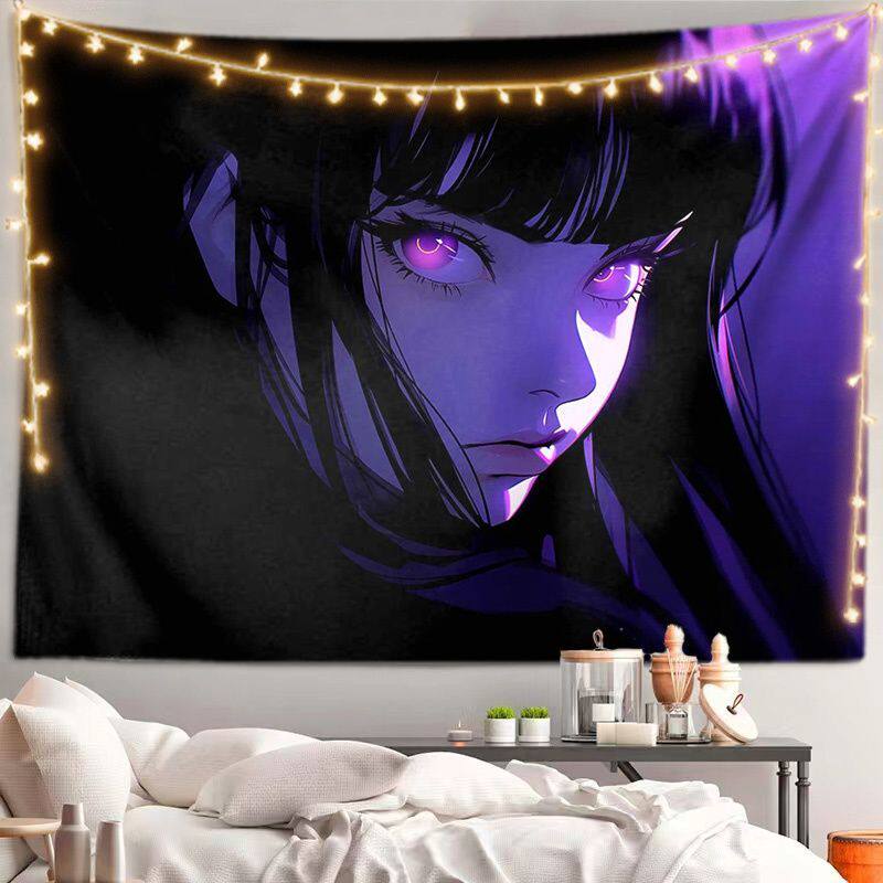 VIKAMA Cool Anime Girl Tapestry Black Hair Cool Girl Wall Hanging for Bedroom Dorm Gaming Room Decor Edgy Manga Art Poster