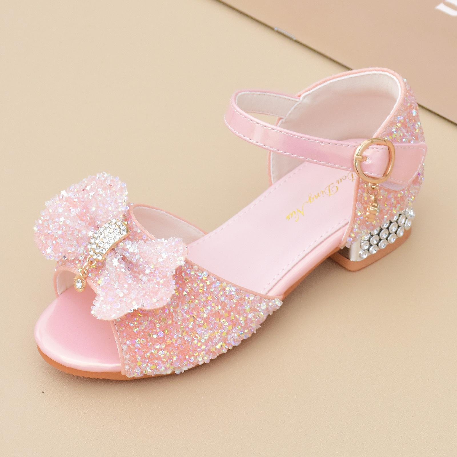 

2024 Girls Crystal Princess Sandals - White Soft Sole High Heels for Big Kids 17.5 cm (Size 27) рожевий