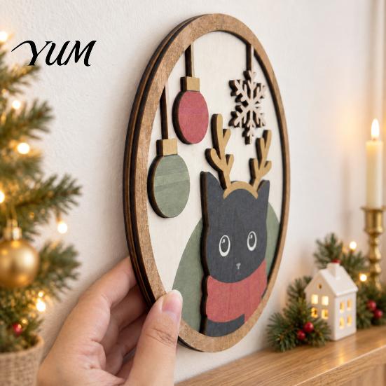Entryway Hanging Decor Christmas Black Cat Wall Decor, Layered Wooden Sign, Round 2D Theme Flat Art Decoration for Living Room Bedroom And Hall Porch