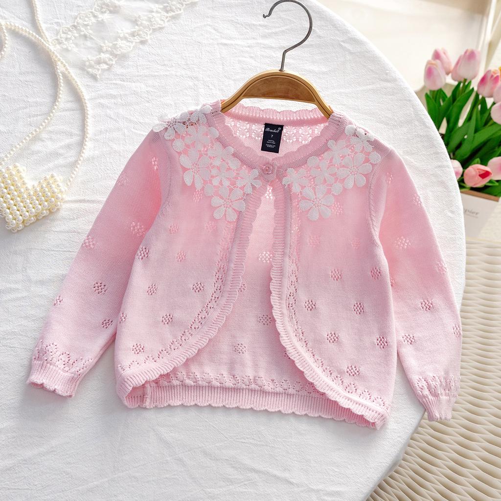 Children's Wear Girls' Knitted Cardigan Coat Fine Wool Round Neck Thin Children's Sweater