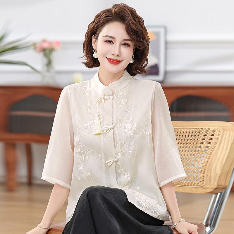 Mom's Summer Embroidered Tassel Stand Collar Chiffon Blouse for Middle-Aged Women