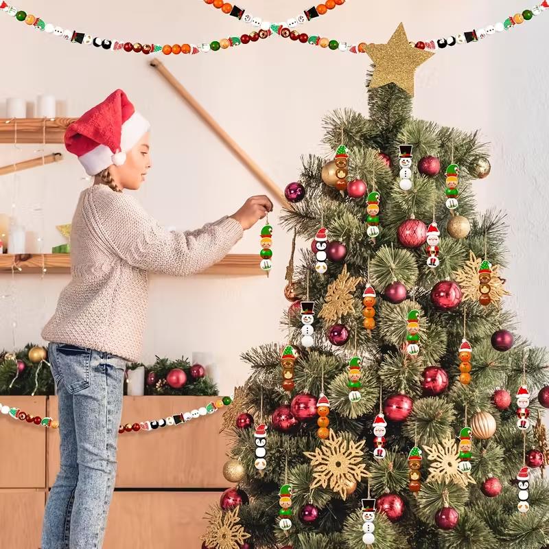48/80Pcs Christmas Wooden Beads Santa Claus Gingerbread Man Elf DIY Garland Bracelets Xmas Tree Hanging Ornament Home Decoration