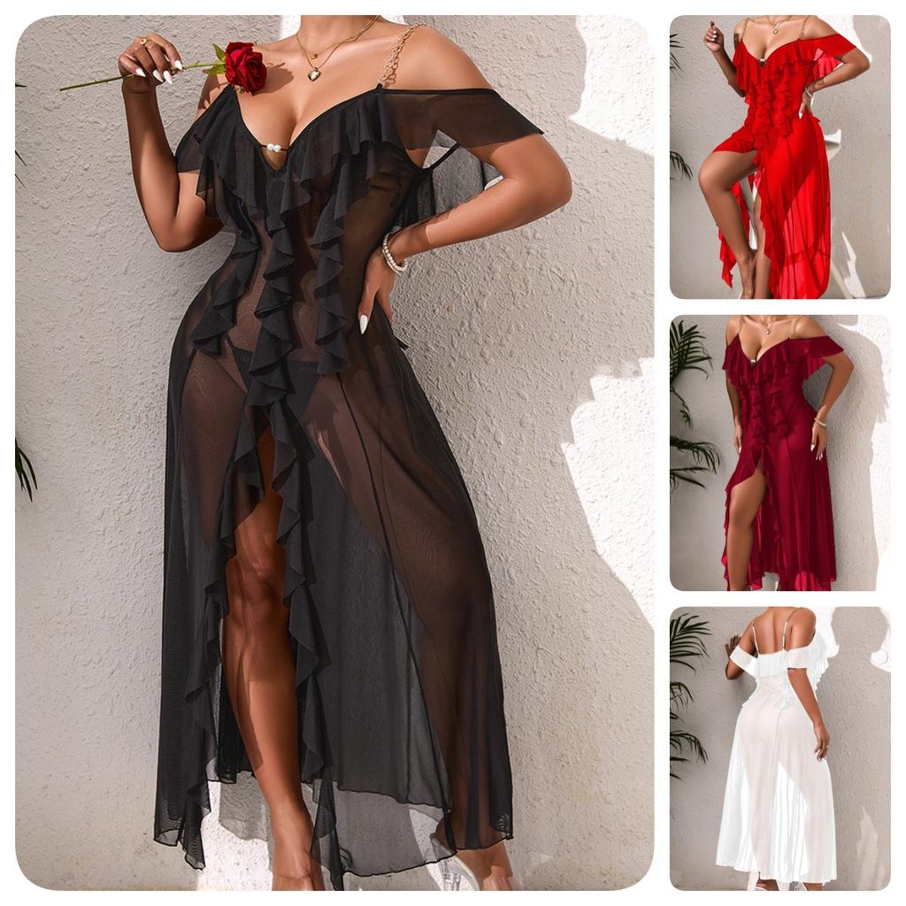 Plus Size Solid Color Mesh Nightgown Metal Chain Strap Cami Multi-Color Loungewear 902 Inclusive Stylish Sleepwear with Trendy Metal Chain Straps