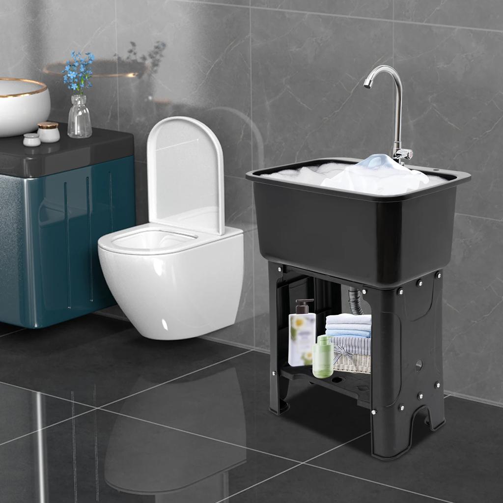 Freestanding Utility Sink with Faucet, Storage Shelf & 360° Adjustable Spout - Black PP Modern Laundry Tub, Single Hole Faucet