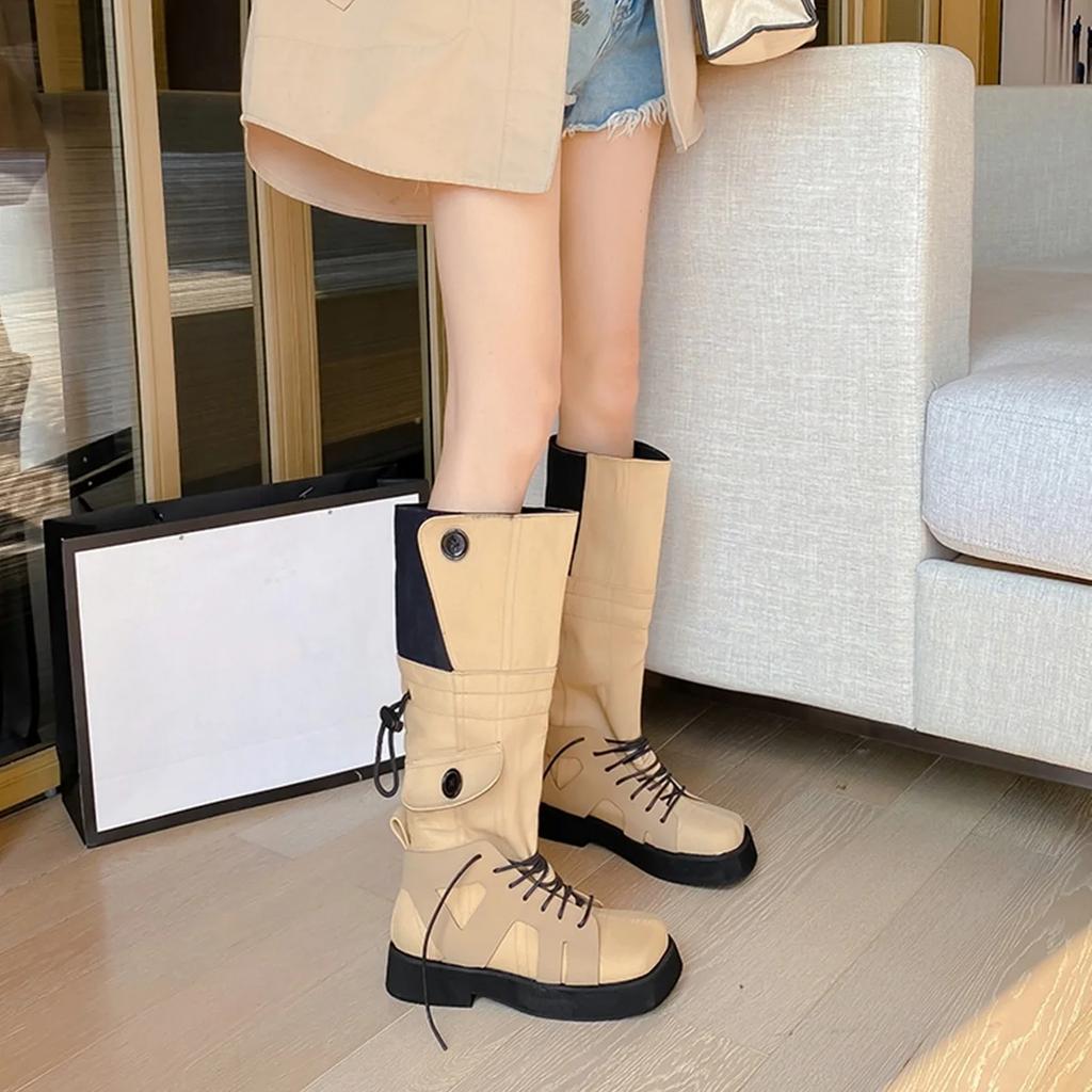 Fashion 2025 Winter Fashion Women Boots Mixed Color Splicing Knee High Boots Rubber Platform Square Toe Lace Up Novelty Boots