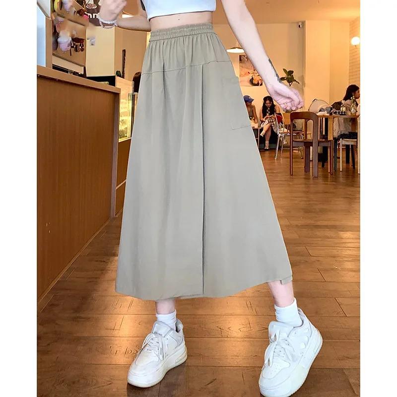Girls Elastic High Waisted Long Pants Lady Comfortable Wide Leg Trousers Women Korean Fashion Solid Color Slacks