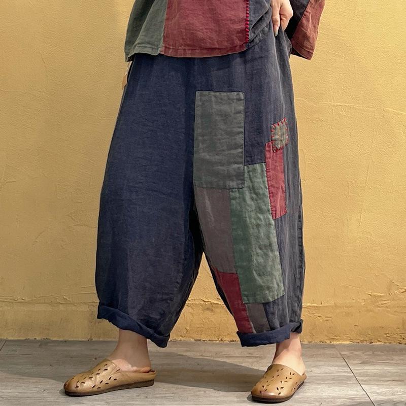 Cotton Linen Pants Sets Patchwork Vintage Shirt and Casual Harem Pants Oversized Korean Fashion Two Piece Sets Women Outfits