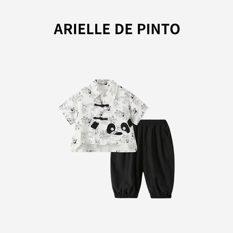 French Arielle De Pinto Boys Chinese Style Embroidered Panda Suit Summer Outfit Ancient Style Short-Sleeved Two-Piece Set Suit 150