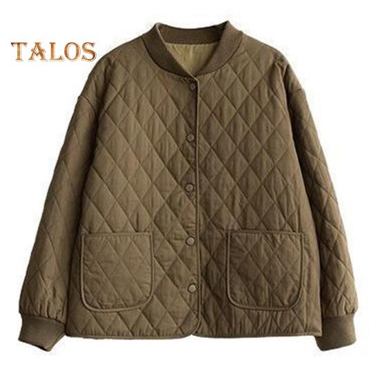 Damenjacke Stehkragen Langarm Rautenstruktur Einreihig Elastische Bündchen Einfarbig Taschen Sport Lady Coat