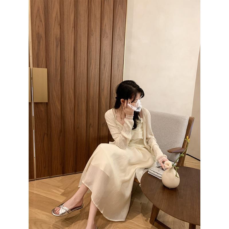 Leather version~ square-headed lambskin pleated flat-bottomed slippers women's cool slippers outer wear summer