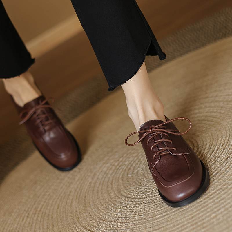 Krazing Pot Cow Skin Autumn Winter Brogues Shoes Lace Up Low Heels Size 42 Round Toe Oxford Shoes Deep Mouth Pumps