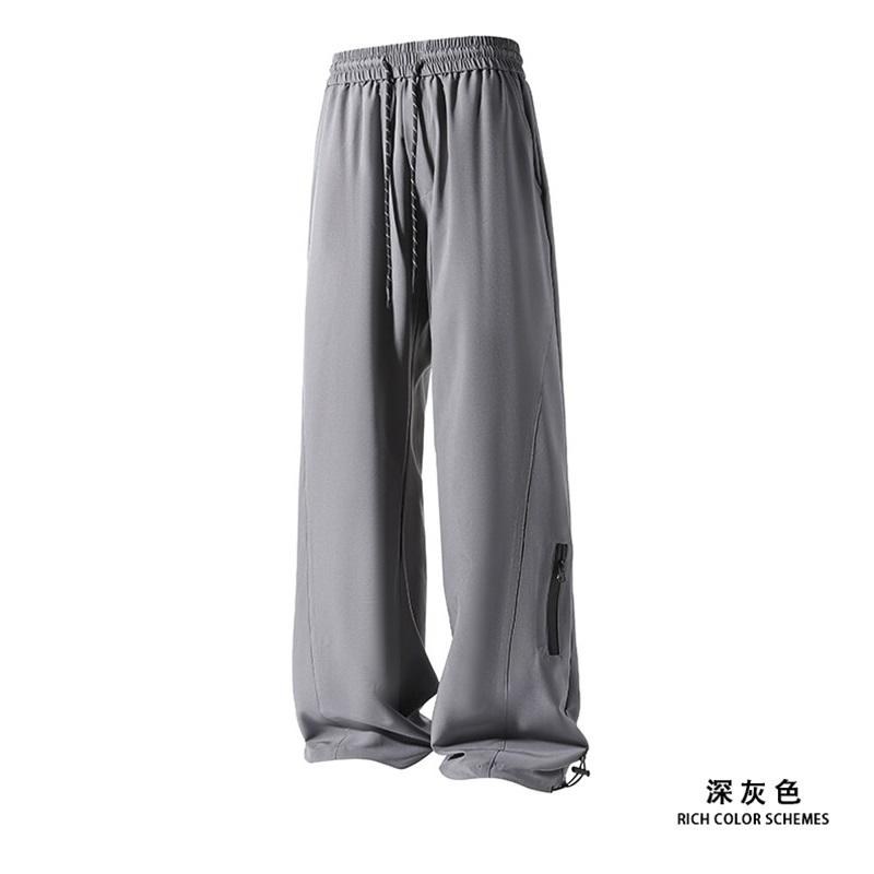 Summer Men's Ice silk Waterproof Pants Casual Zipper Can Tie Feet Solid Straight Elastic Waist Trousers Loose Daily Pants 5XL