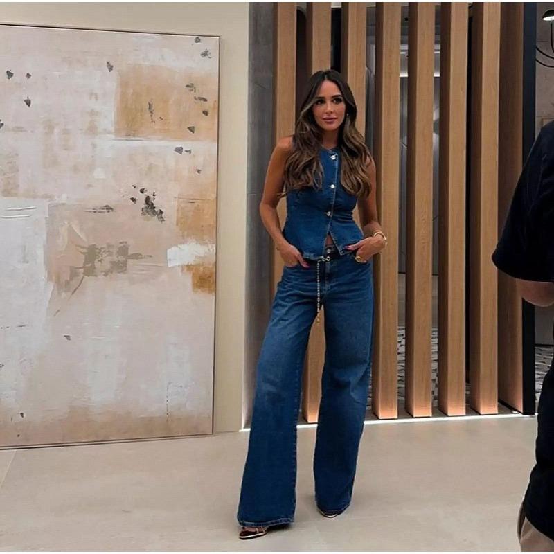 VEZFAA Женская Мода Повседневный Летний Весенний Однотонный Принт Без Рукавов С Круглым Вырезом Брюки Костюмы S