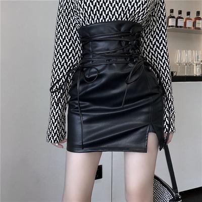 Black Leather Mini Skirts Women Gothic High Waist Slim Fit Lace Up Pencil Skirt Female Sexy Club Back Zipper Split Bag Hip Skirt