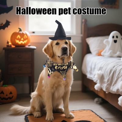 Halloween Witch Hat And Bib Scarf Set Skull Spider Web Pattern Pet Collar with Bell And Witch Hat/Pumpkin Beret Hat Set for Small Dogs And Cats
