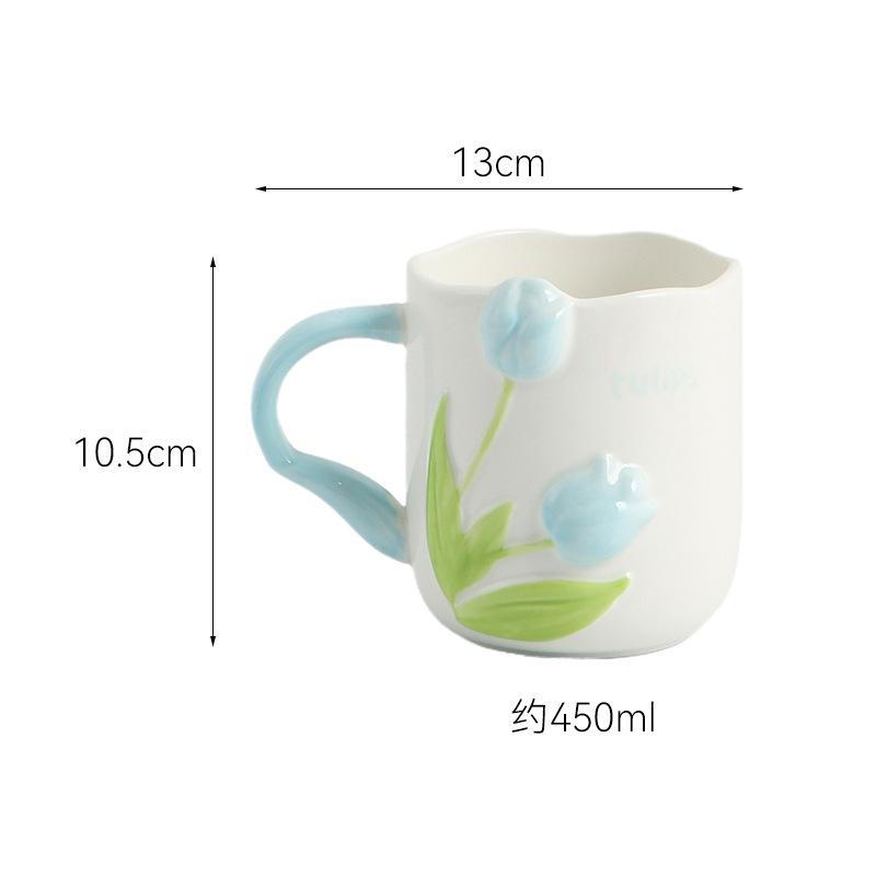 Керамическая чашка  Тюльпан  450 мл, трехмерная рельефная цветочная кофейная кружка, чашка для послеобеденного чая  Цветок камелии , домашняя кружка для завтрака, для молока 450ml