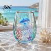 Unique Aesthetic Water Juice Whiskey Tumbler Ocean-Themed Glass Cup, Jellyfish/Dolphins/Sea Turtles/Octopus Hand-Painted, Thickened Drinking
