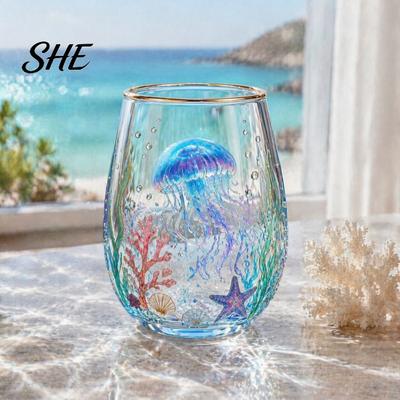 Unique Aesthetic Water Juice Whiskey Tumbler Ocean-Themed Glass Cup, Jellyfish/Dolphins/Sea Turtles/Octopus Hand-Painted, Thickened Drinking