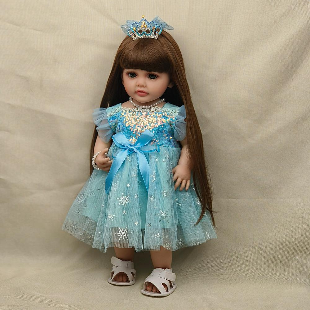 

Кукла-реборн, игрушка, 22 дюйма, реалистичная кукла-младенец, девочка, мягкая силиконовая, длинные каштановые волосы, реалистичная принцесса, малыш, подарок на день рождения 55cm