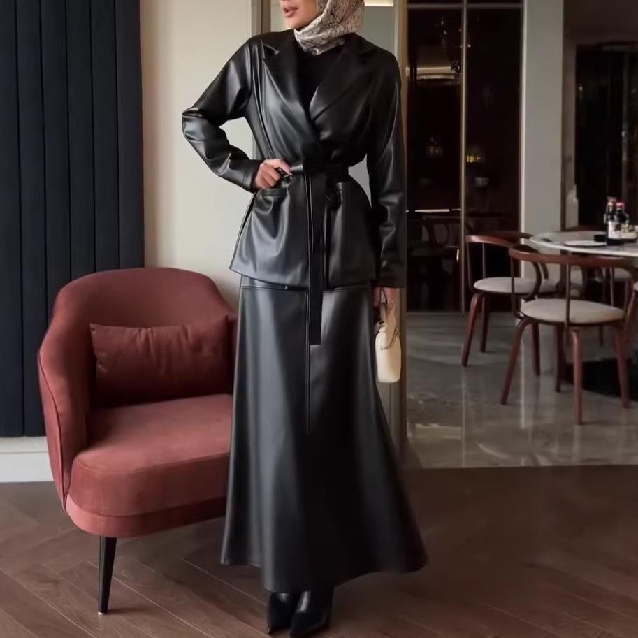 2026 autumn new European and American women's clothing cross-border long-sleeved waist suit top high waist hip skirt two-piece set