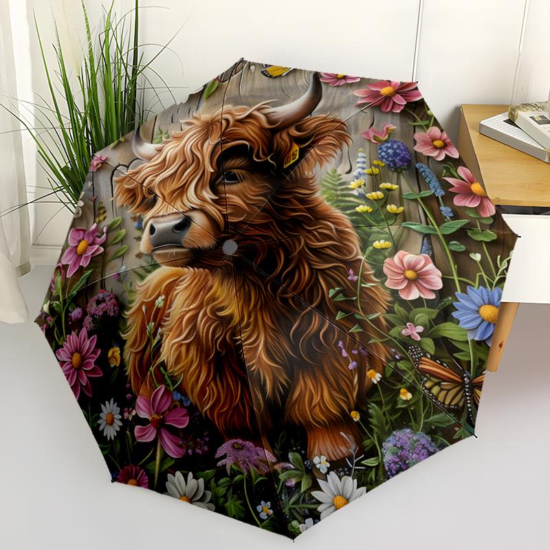 

Retro Highland Cow Folding Umbrella Fashion Auto-Open Design 8 Iron Ribs Plastic Handle Foldable Sunshade Perfect Christmas Gift
