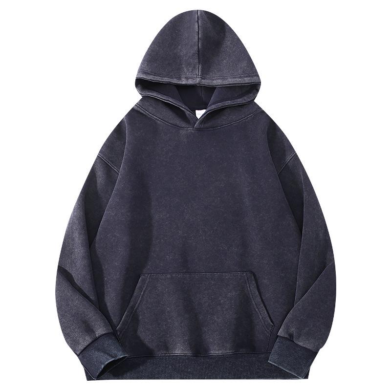 350g Vintage Washed Men's Hoodie - EU Size, Drop Shoulder, Solid Color, Thickened, Heavyweight