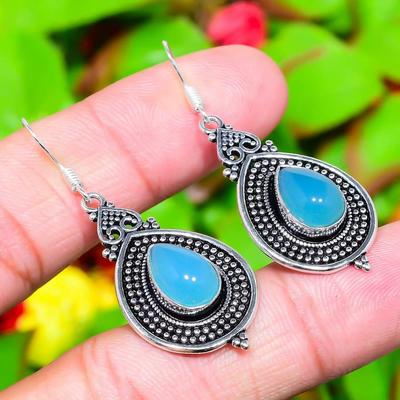 Natural Aqua Chalcedony Gemstone 925 Sterling Silver Gift Earring 1.97" W3s84
