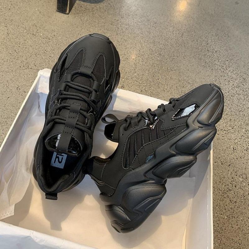 Fashion 2024 Black Platform Sneakers Women Shoes Casual Lace Up Thick Sole Shoes Woman Beige Chunky Sneakers Leather Vulcanize Shoes