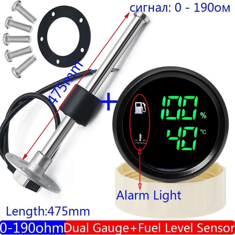 0-190Ohm Fuel Level Gauge+Water Temperature Meter with Alarm Digital 52MM Dual Gauge Oil Tank Float Sensor 100~600MM Car Custom