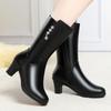2024 Women's Boots Winter Warm Soft Fashion Leather Female Boots High-heeled Plush Trend Mid-calf Zipper Round Head Boots