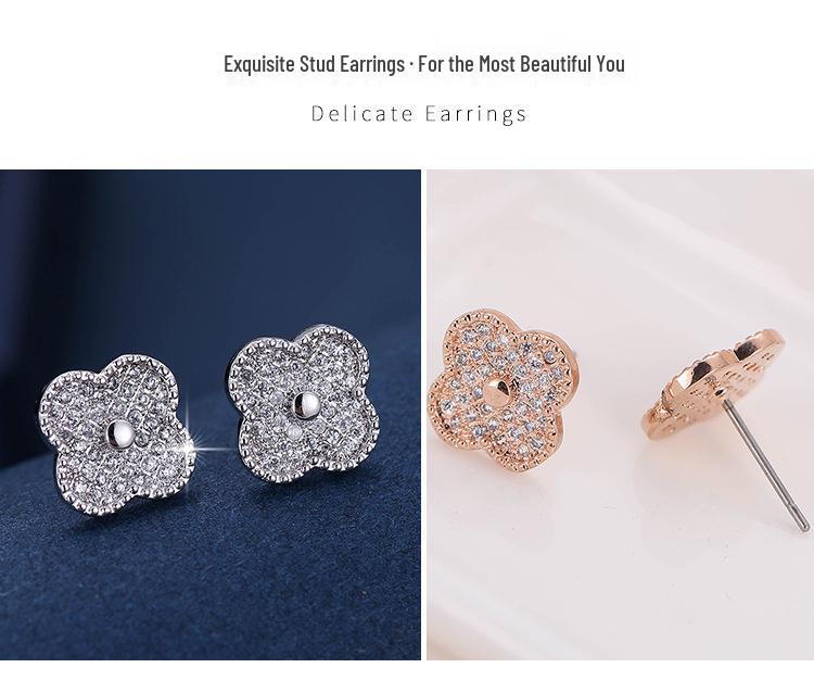 Micro Four-Leaf Clover Copper Needle Ear Studs with Rhinestones - Sweet, Girly Jewelry Niche Earrings In Stock