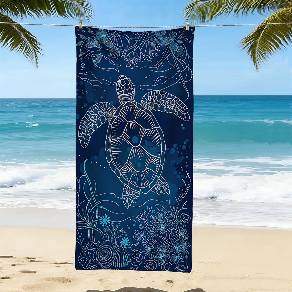 1 Piece Deep Blue Turtle-Print Beach Towel, Ultra-Fine Fiber Bath Towel, Absorbent And Quick-Drying Swimming Towel,