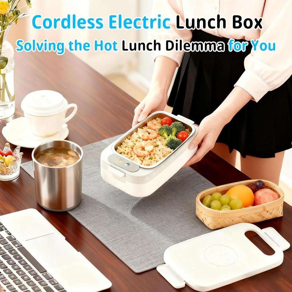 Kabellose elektrische Lunchbox für Erwachsene, 1L wiederaufladbare beheizbare Lunchbox mit Timer, Auto-Speisenwärmer und tragbarer Heiz-Speisenwärmer Lunchboxen