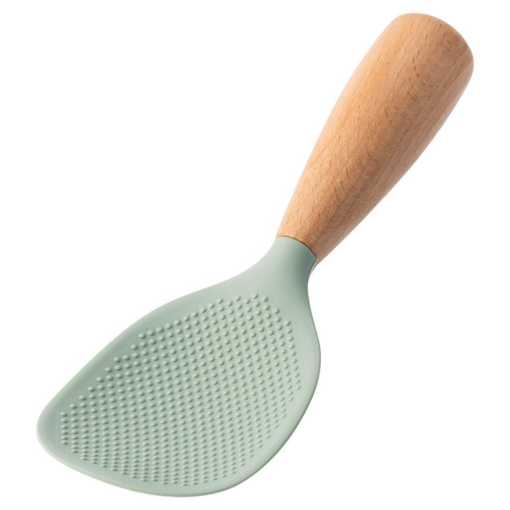 1pc Silicone Rice Serving Spoons with Wooden Handle Heat Resistant Rice Spoon Nonstick Standing Rice Ladle Scooper