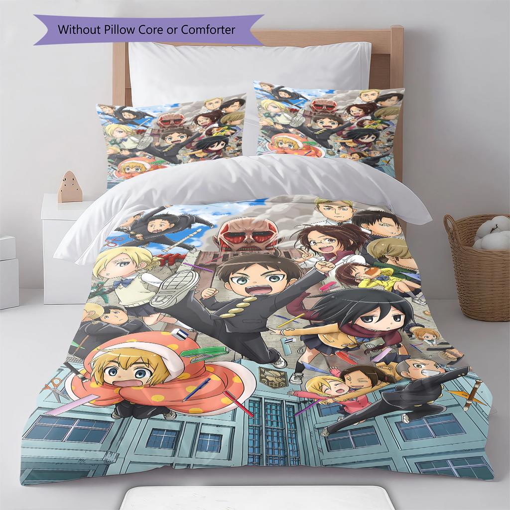Attack on Titan Pattern Bedding,Quilt Set Quilt Cover Pillowcase Home Birthday Gift (1 * duvet cover + 2 * pillowcase, without core)