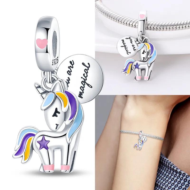 Copper Rainbowair Balloon Colorful Horse Charm Bead Pendant Fit Original Bracelet For Women Fine Jewelry Gift