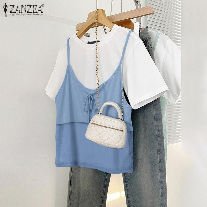 

ZANZEA Women Casual Round Neck Patchwork Short Sleeve T-shirt 5XL синій