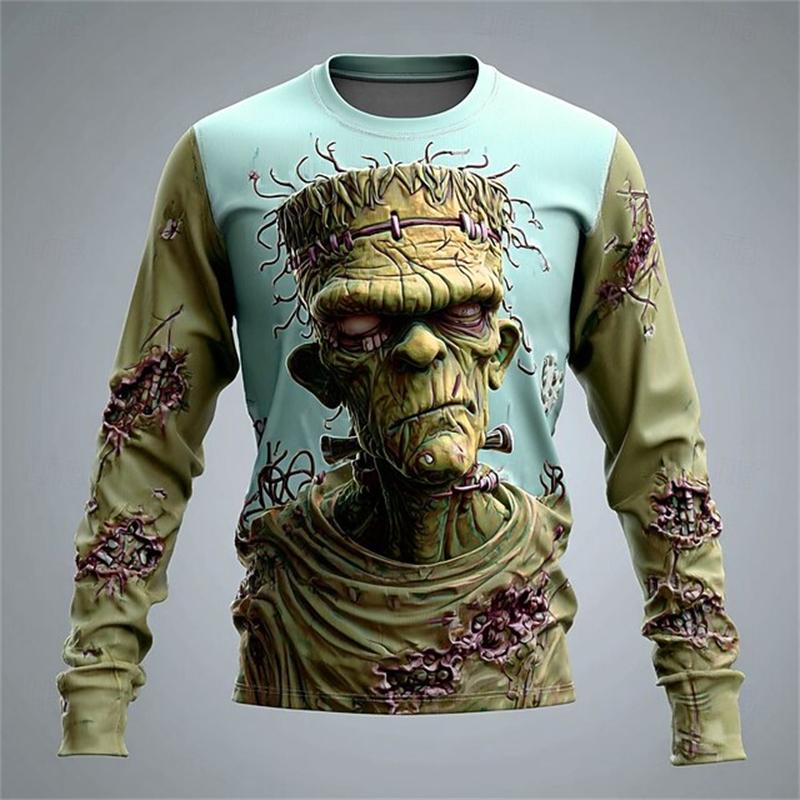 Monster Print Casual Men's Long-sleeved T-shirt Outdoor Vacation Round-neck Long-sleeved Spring and Autumn Clothing
