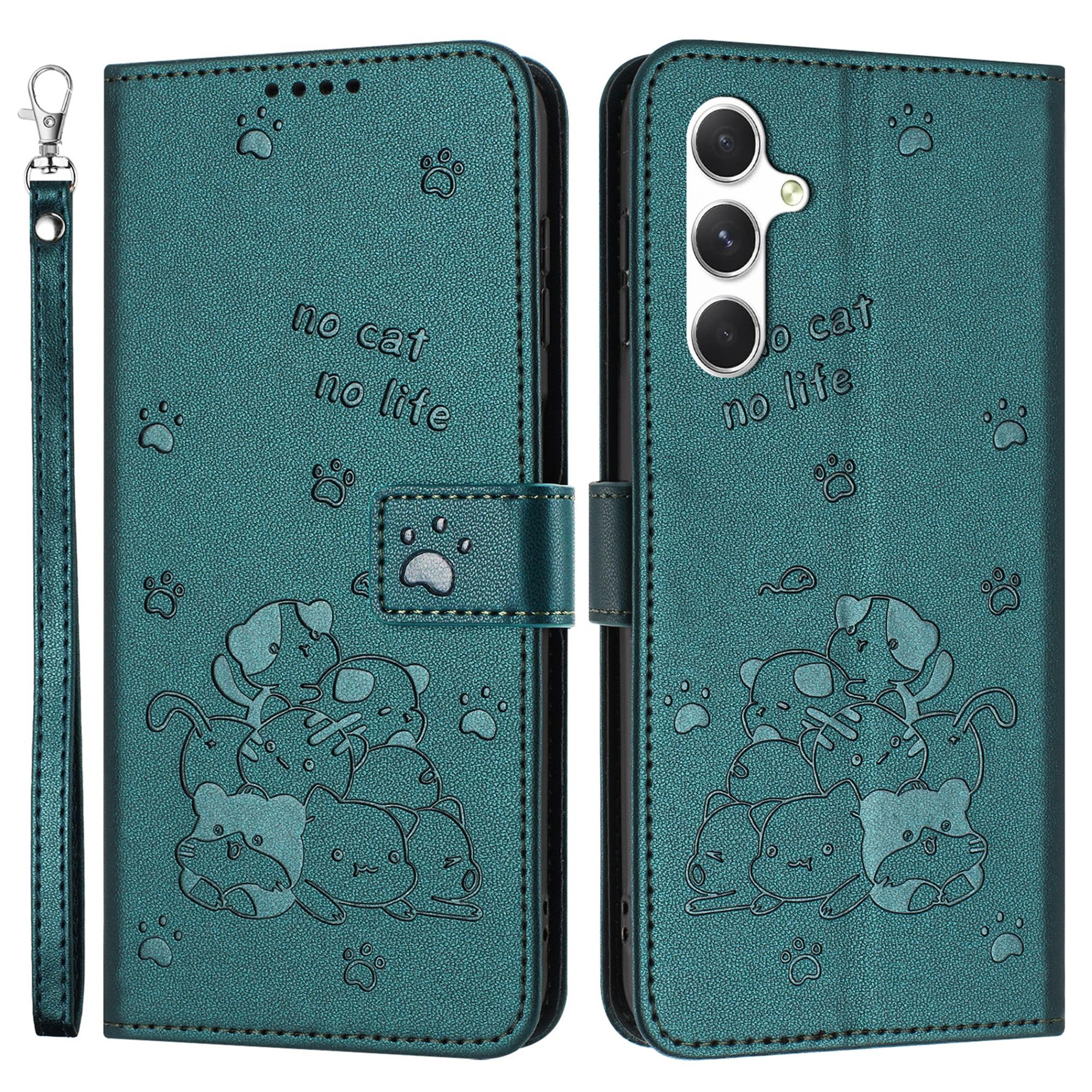 

For Samsung Galaxy A34 5G Case with Strap Cats Imprint Leather Wallet Phone Cover Blackish Green