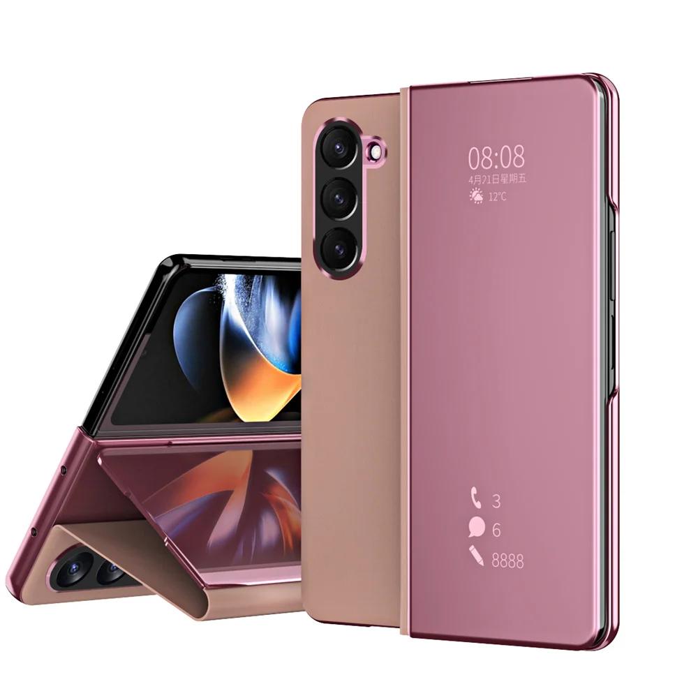 Luxury Side Window Smart Dormancy Case for Samsung Galaxy Z Fold 7 6 5 4 3 Plating Mirror PU Leather Stand Cover for Z Fold 7