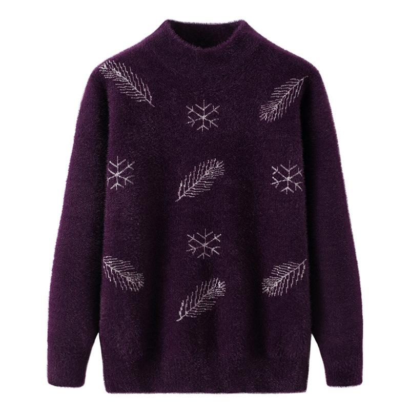 Vêtements d'automne pour femmes à col mi-haut, pull-over pour mère, pull épais à manches longues en polaire imitation vison, chemise de fond